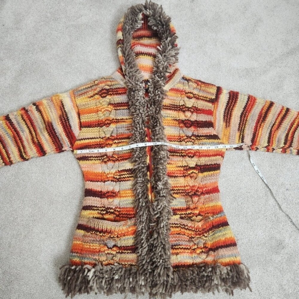 Penny Lane Handknit Wool Hooded Cardigan Jacket Fringe Trim Chunky Cabel Size M - Picture 6 of 13